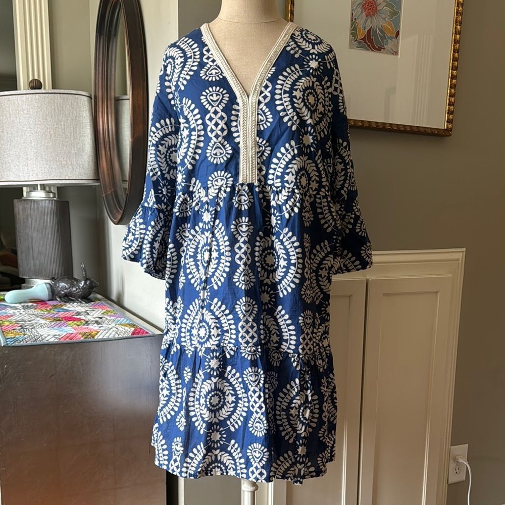 Saiph Lab Blue and White Midi Sundress with Ruffle Sleeves sz Large